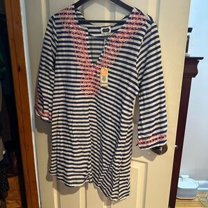 Mudpie Striped Navy & White Tunic with Pink Embroidery